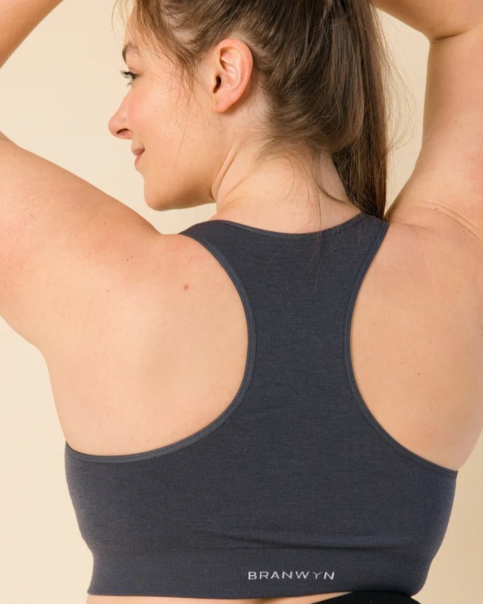 Back view of grey BRANWYN Racerback Sports Bra. Eco-friendly Merino wool sports bra for workouts and everyday comfort.