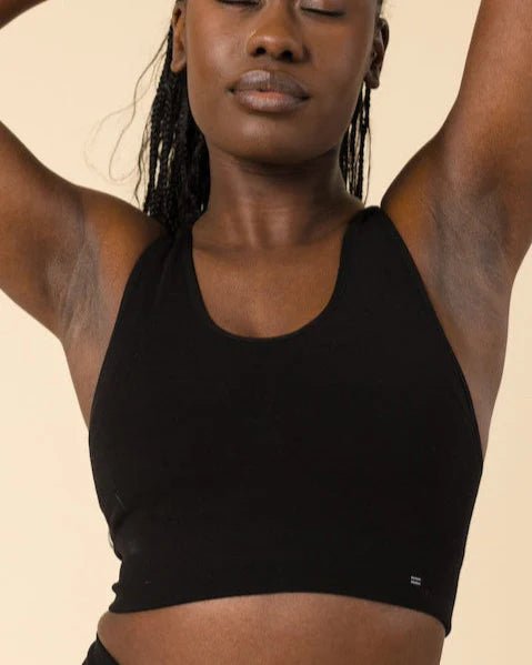 Front view of BRANWYN Merino wool Racerback Sports Bra in black. Eco-friendly nontoxic sports bra for women, breathable and moisture-wicking.