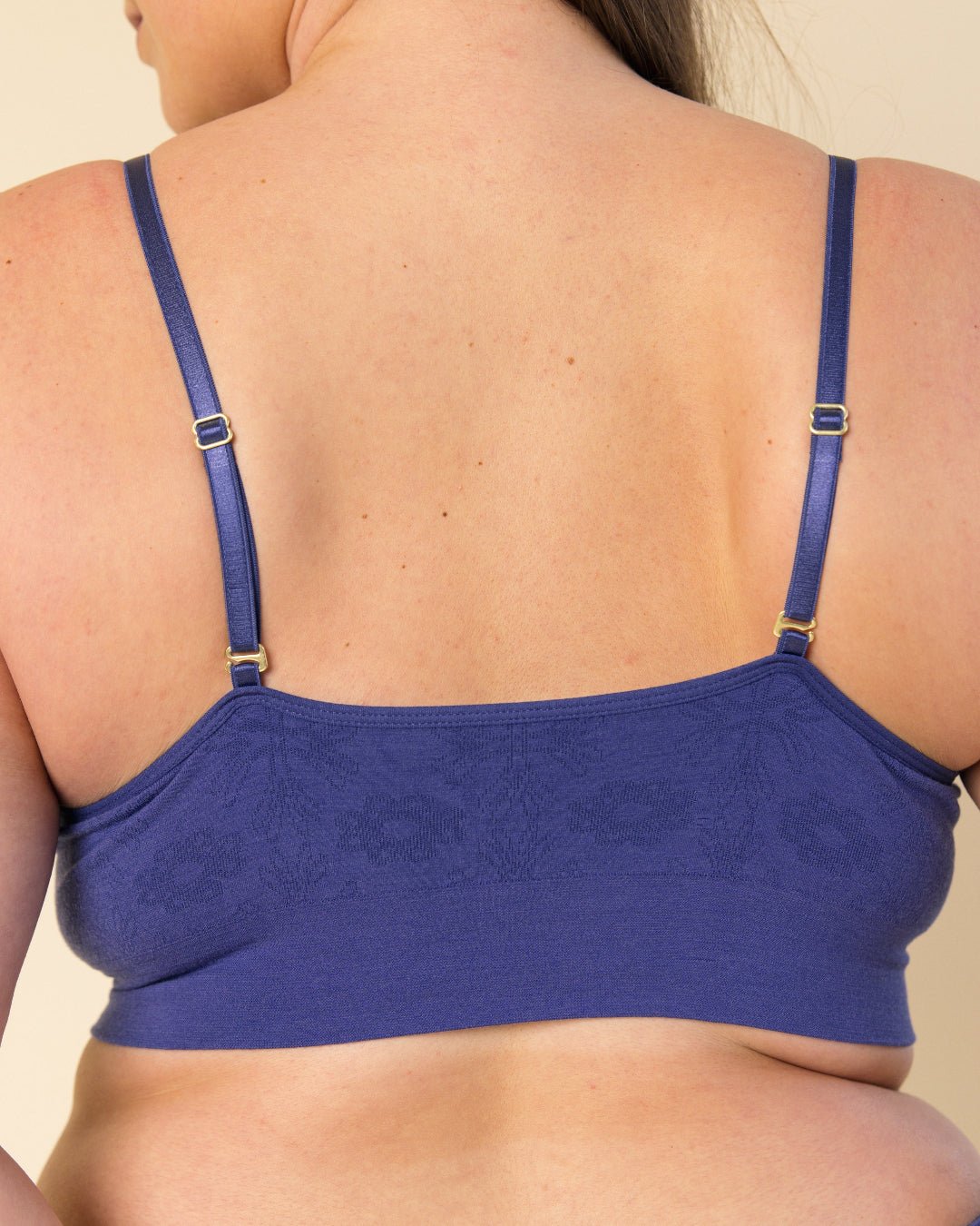 Close-up of BRANWYN Future Dusk Essential Bralette straps, seamless Merino bralette with adjustable buckles.
