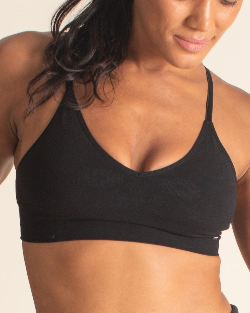 BRANWYN's seamless Merino wool Bralette bra in Black. Natural fiber, plastic free activewear.