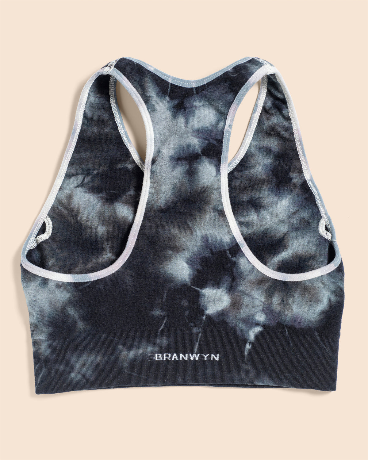 Back View of the BRANWYN Merino Wool Tie Dye Essential Essential Racerback Sports Bra Slate