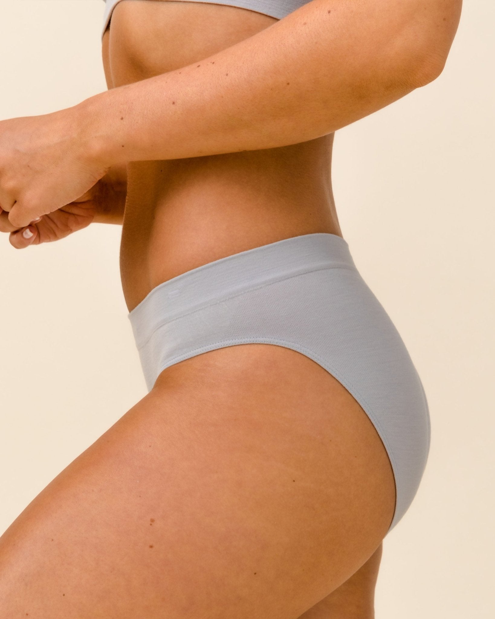 Side profile of BRANWYN Essential Merino wool Bikini underwear in Luna Grey. Gynecologist recommended underwear made of natural fibers.