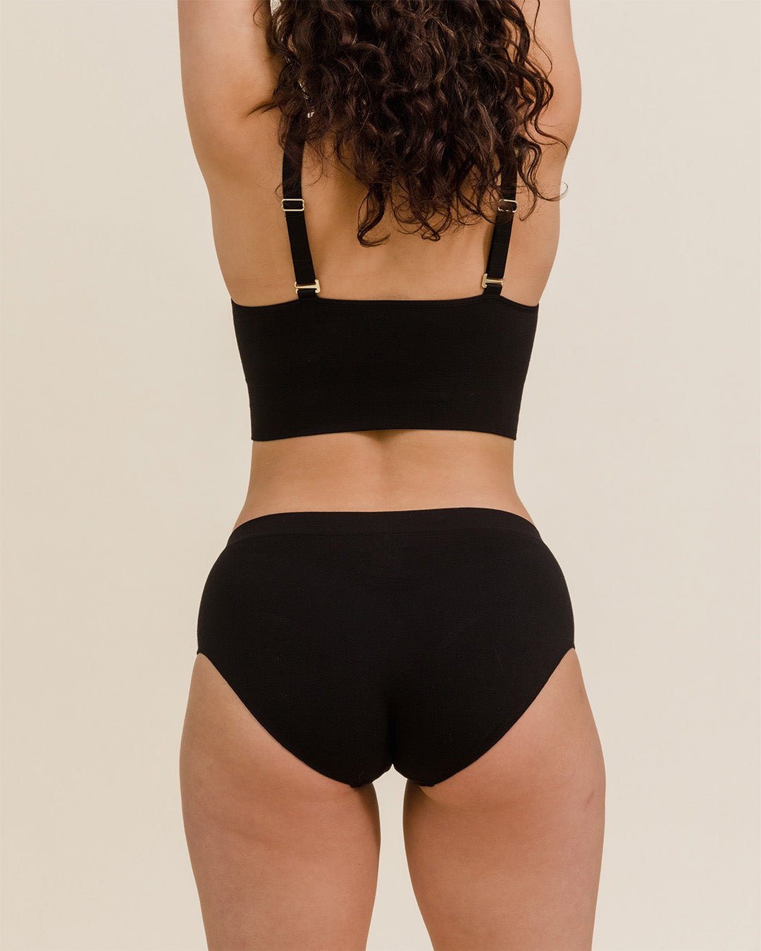 Back view of black Merino wool BRANWYN Hipster underwear, breathable Gynecologist reccommended underwear.