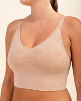 Front view of BRANWYN Busty Bra in Light Nude, eco-friendly merino bra free from BPA and PFAS.