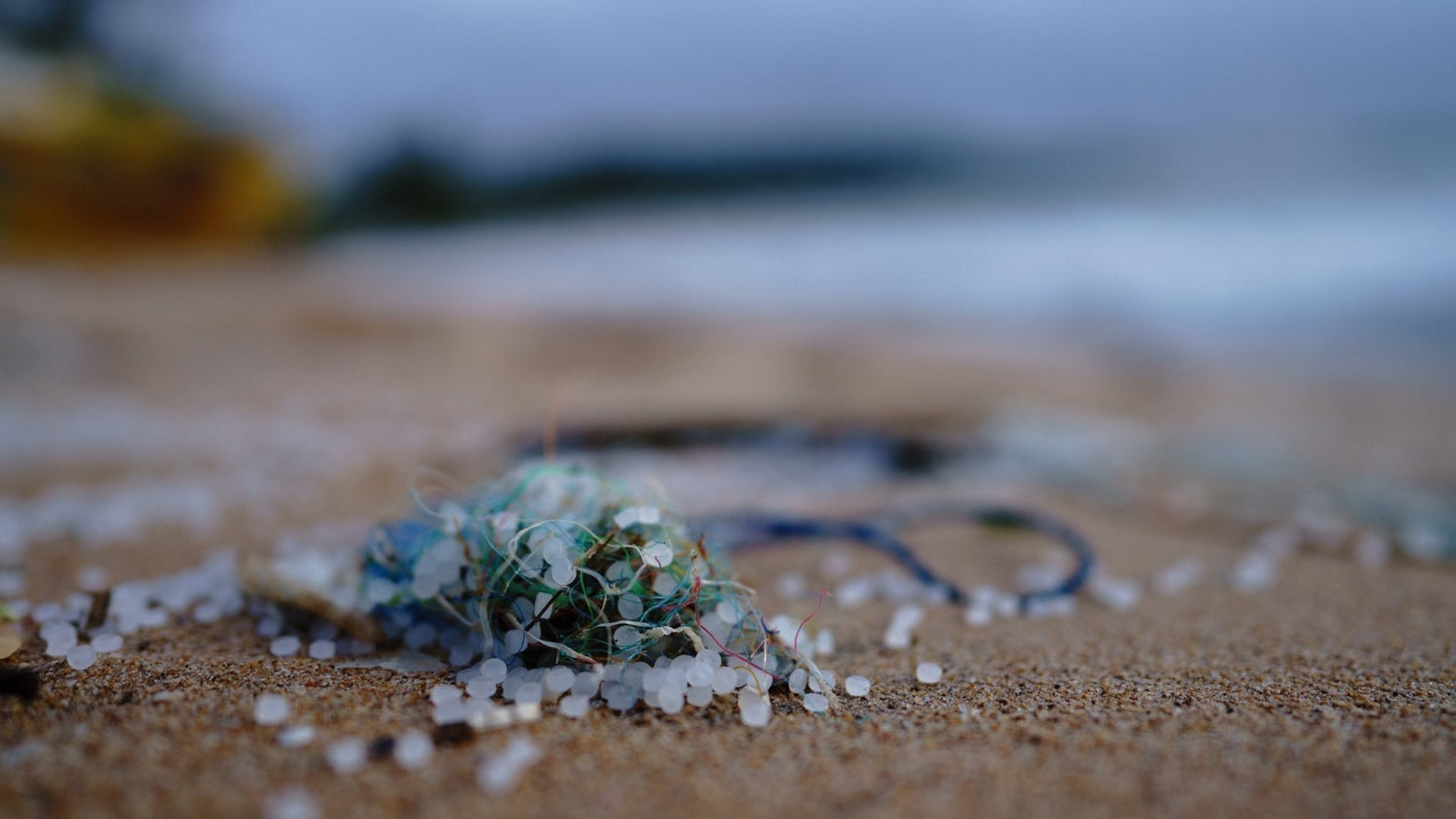 Microplastics on beach beside ocean.