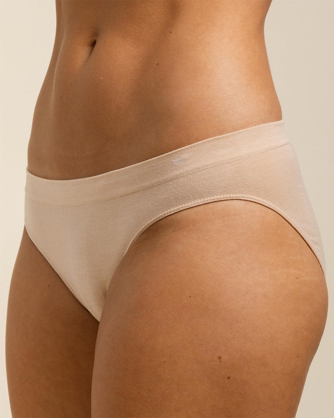Close up of BRANWYN Essential Bikini underwear in light nude. These Merino panties stay dry with breathable, mositure wicking Merino.