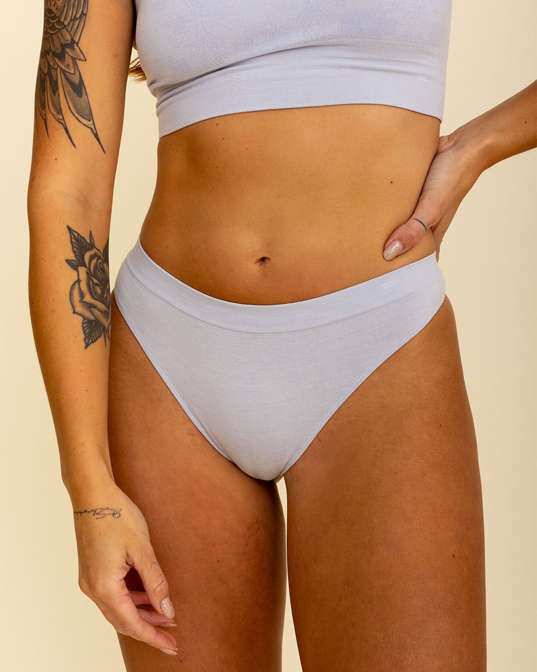 Grey full coverage thong by BRANWYN made from soft, moisture-wicking Merino wool.