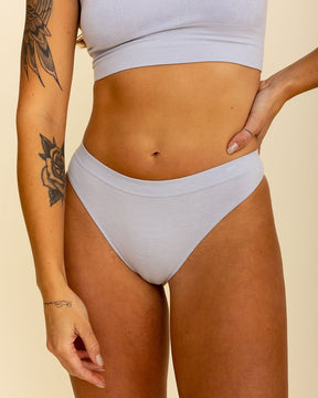 Grey full coverage thong by BRANWYN made from soft, moisture-wicking Merino wool.