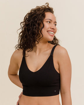 Front view of black Busty Bra, natural merino wool for eco-friendly support.