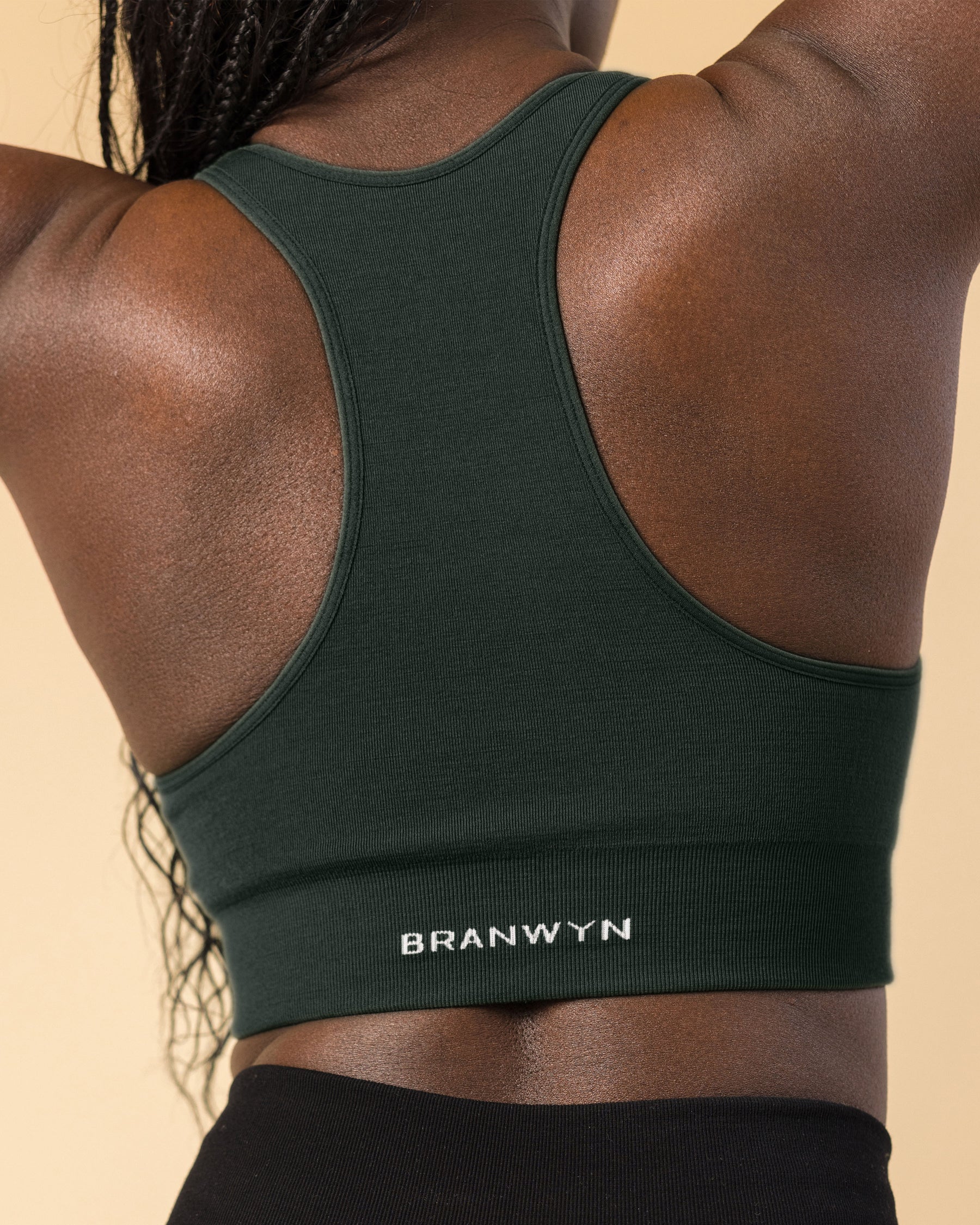 BRANWYN Essential Seamless Merino Wool Racerback Sports Bra in Deep Willow Back View