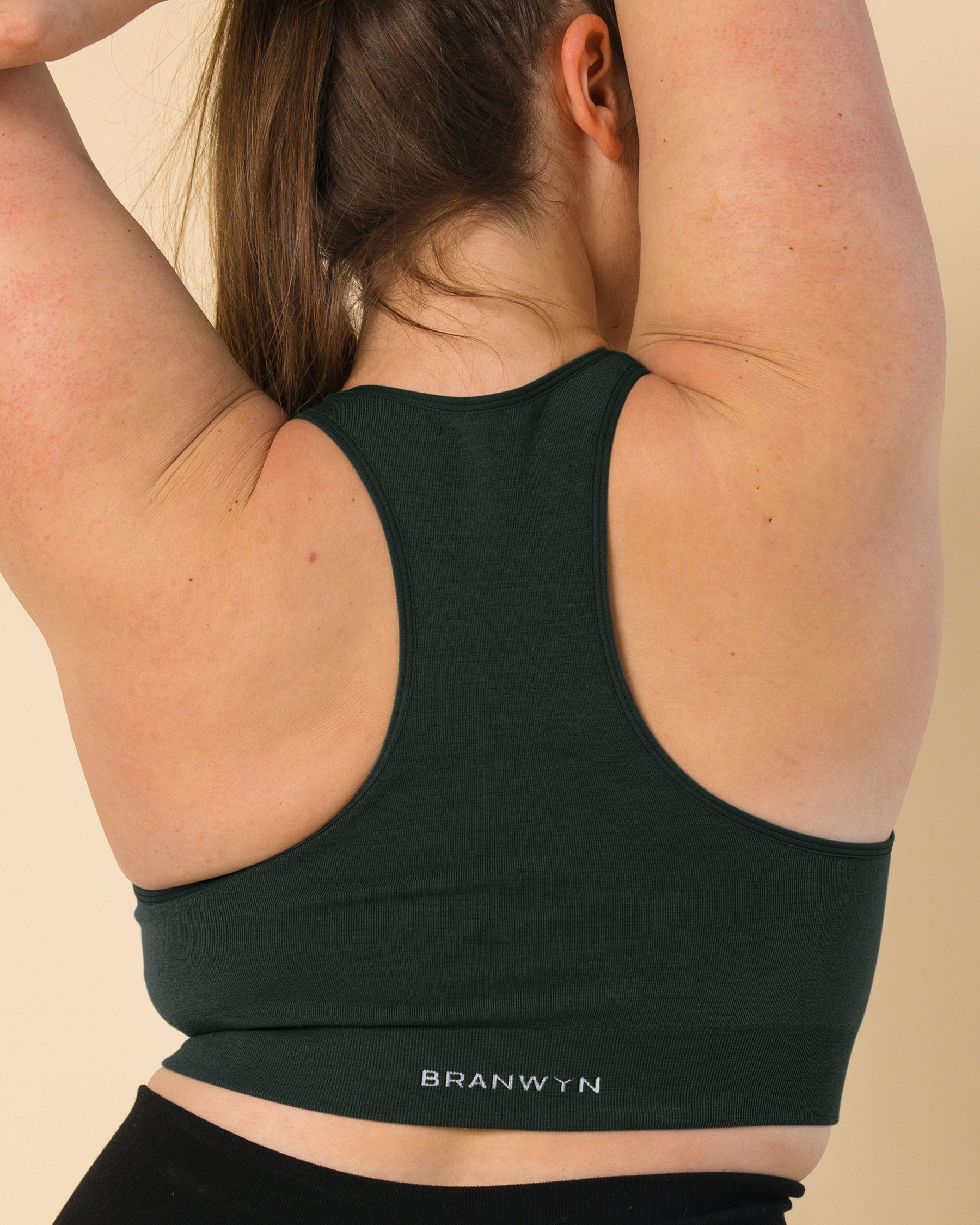BRANWYN Essential Seamless Merino Wool Racerback Sports Bra in Deep Willow Back View