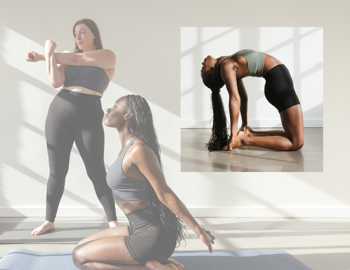 Two women practicing yoga in a bright room with large windows wearing BRANWYN seamless Merino leggings and bras.