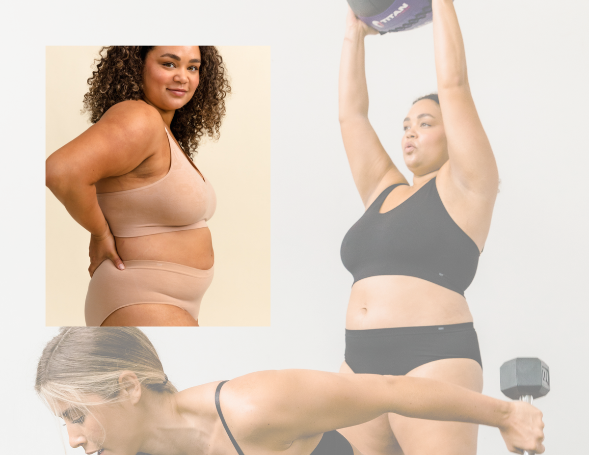 Two women working out in BRANWYN seamless Merino bras and underwear.