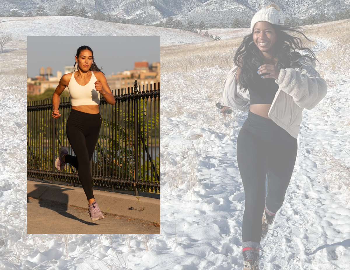 Woman running outdoors in BRANWYN seamless Merino legging tights