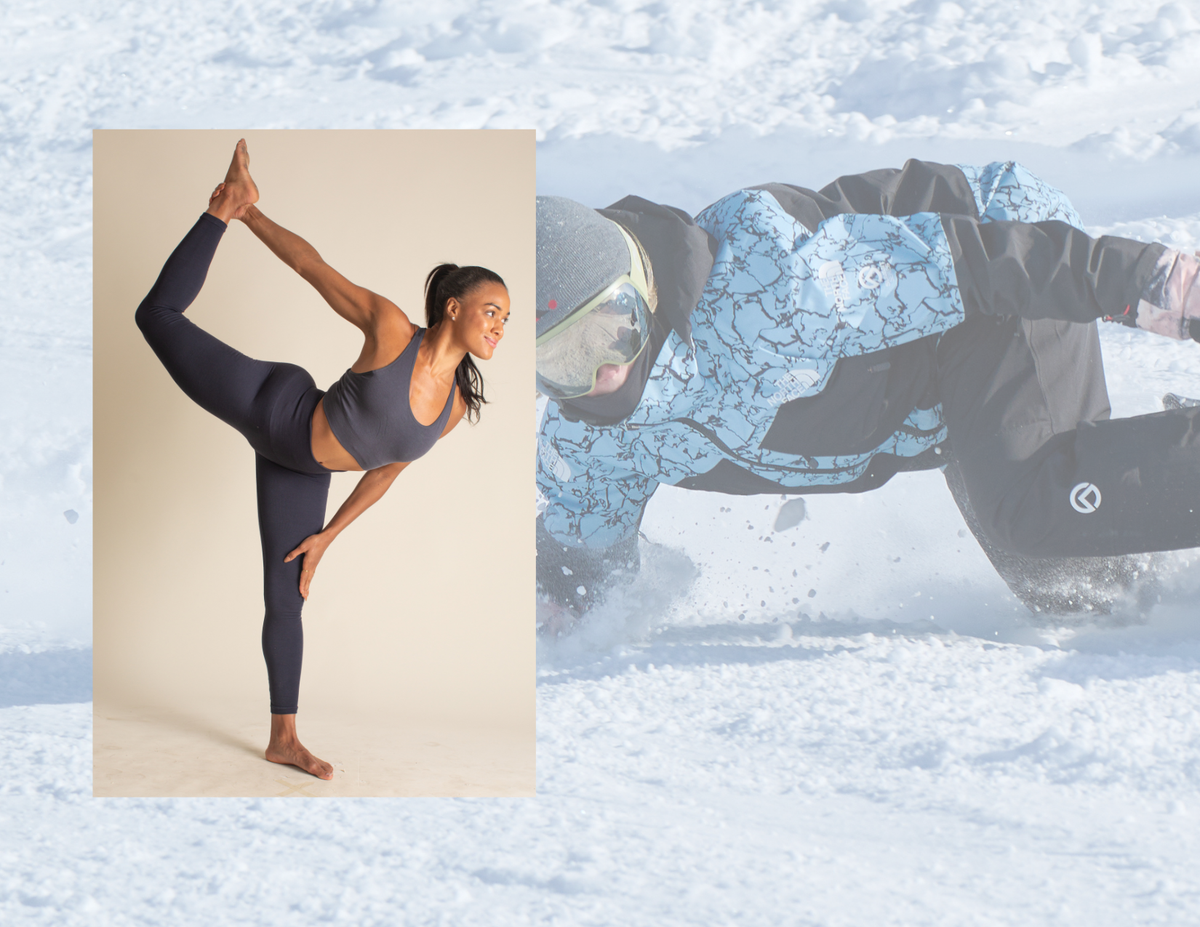 Two images side by side; one of a person in a yoga pose and the other of a person snowboarding wearing BRANWYN seamless Merino legging baselayer