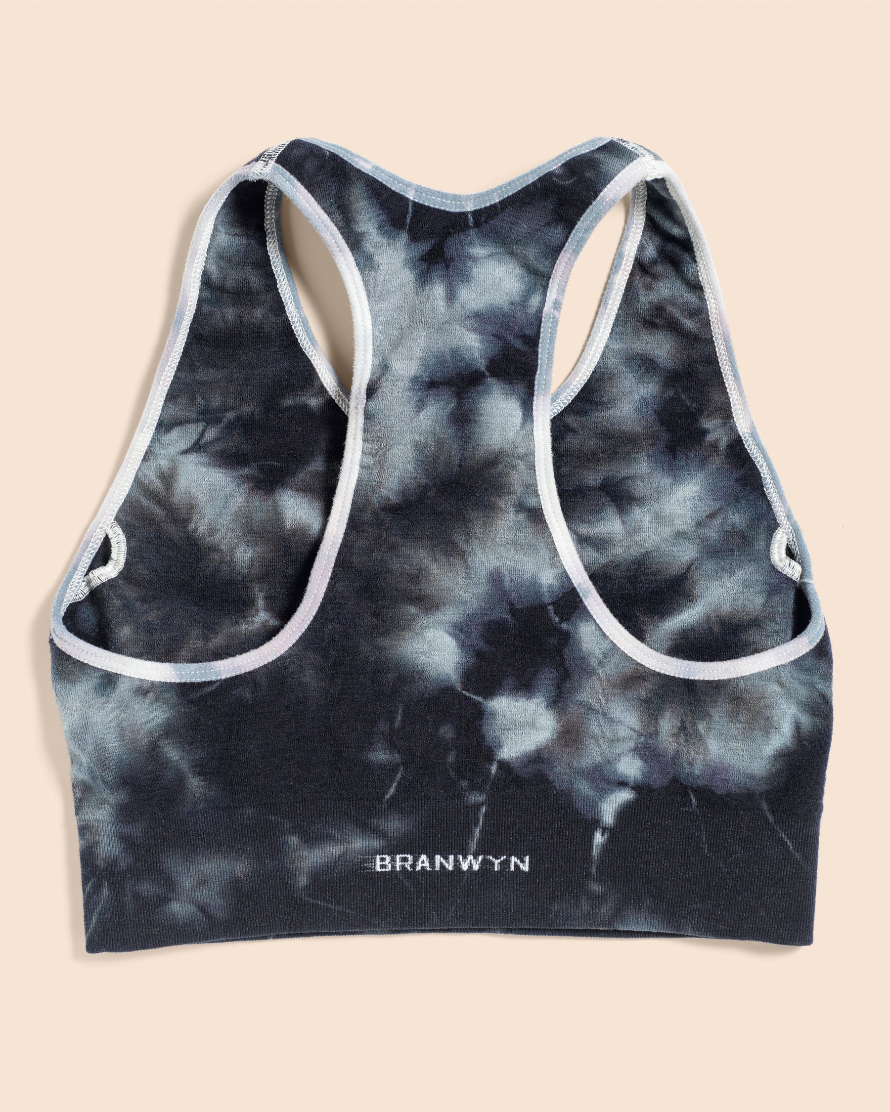 Back View of the BRANWYN Merino Wool Tie Dye Essential Essential Racerback Sports Bra Slate
