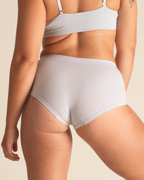 Back view of the women's Essential Boyshort underwear in Luna gray by BRANWYN. These Merino Wool boyshort panties are made of natural fibers that are naturally toxin free.